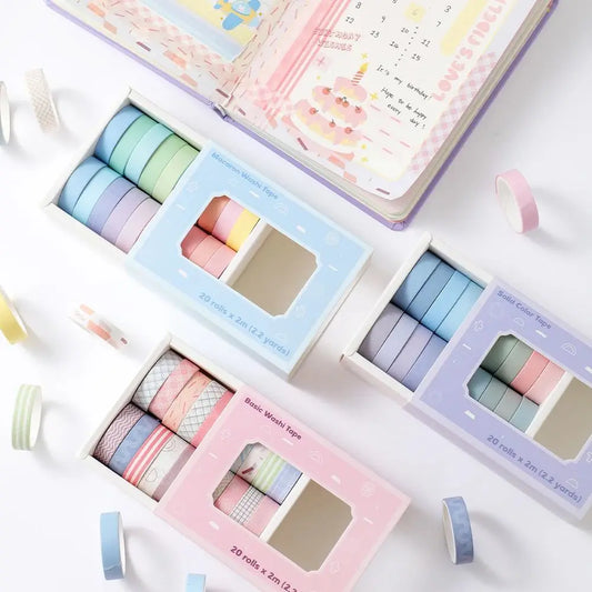 Juego de 20 Rollos de Cintas Washi Delgadas de Colores – Cinta Adhesiva Decorativa de 10mm para Diarios, Álbumes de Recortes y Manualidades DIY con Cuadernos