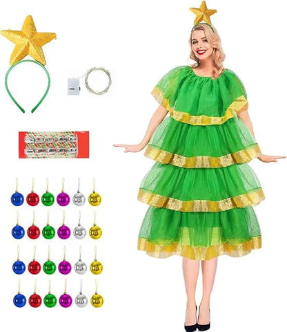 Women's 2026 Christmas Tree Costume Set with Headband and Bells, Festive Tree Skirt Party Outfit for Christmas Cosplay, Holiday Celebrations and Fancy Dress Parties
