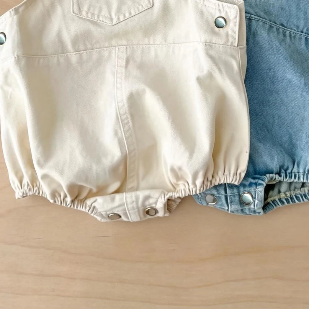 Korean-Style Baby Denim Overalls – Cute Pocket Suspender Romper for Boys & Girls, Spring & Summer Casual Infant Outfit with Nappy Cover