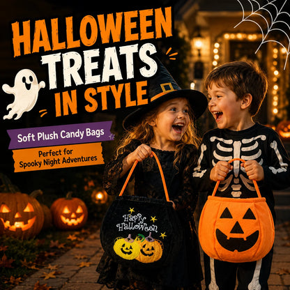 1PC Halloween Plush Candy Bag, Pumpkin Cat Vampire Witch Treat Basket, Portable Trick or Treat Tote for Kids, Halloween Party Decorations, Candy Storage and Gift Bag