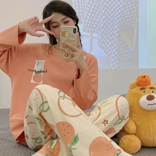 Women's Spring & Fall Pajama Set – Cute Cartoon Long-Sleeve Lightweight Sleepwear for Girls, Students & Homewear