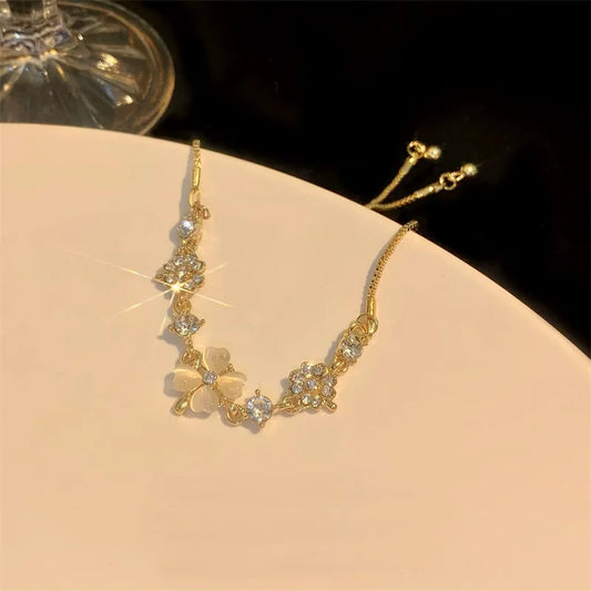 Women’s Fashion Four Leaf Grass Gold Color Adjustable Bracelet Korean Style Wedding Party Jewelry