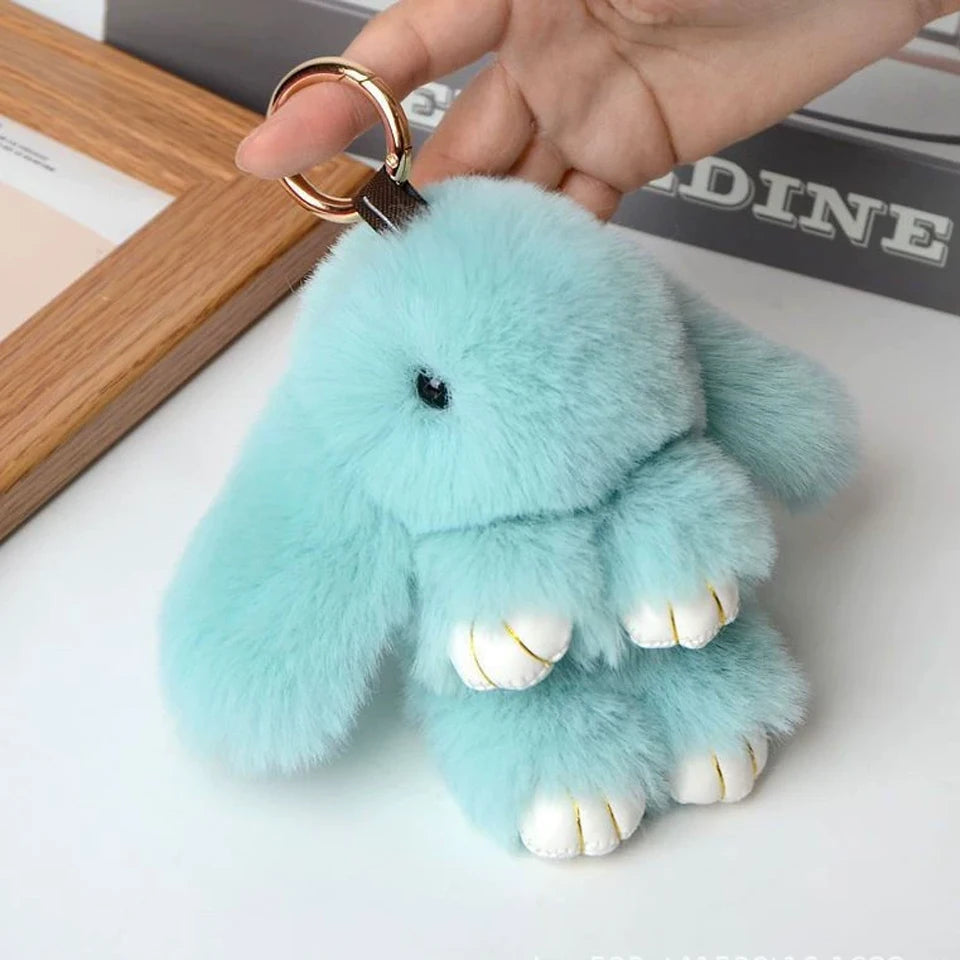 ZAKOL 15CM Fluffy Rabbit Fur Pompon Keychain – Soft Cute Bunny Plush Key Ring & Bag Charm, Adorable Gift Accessory for Girls