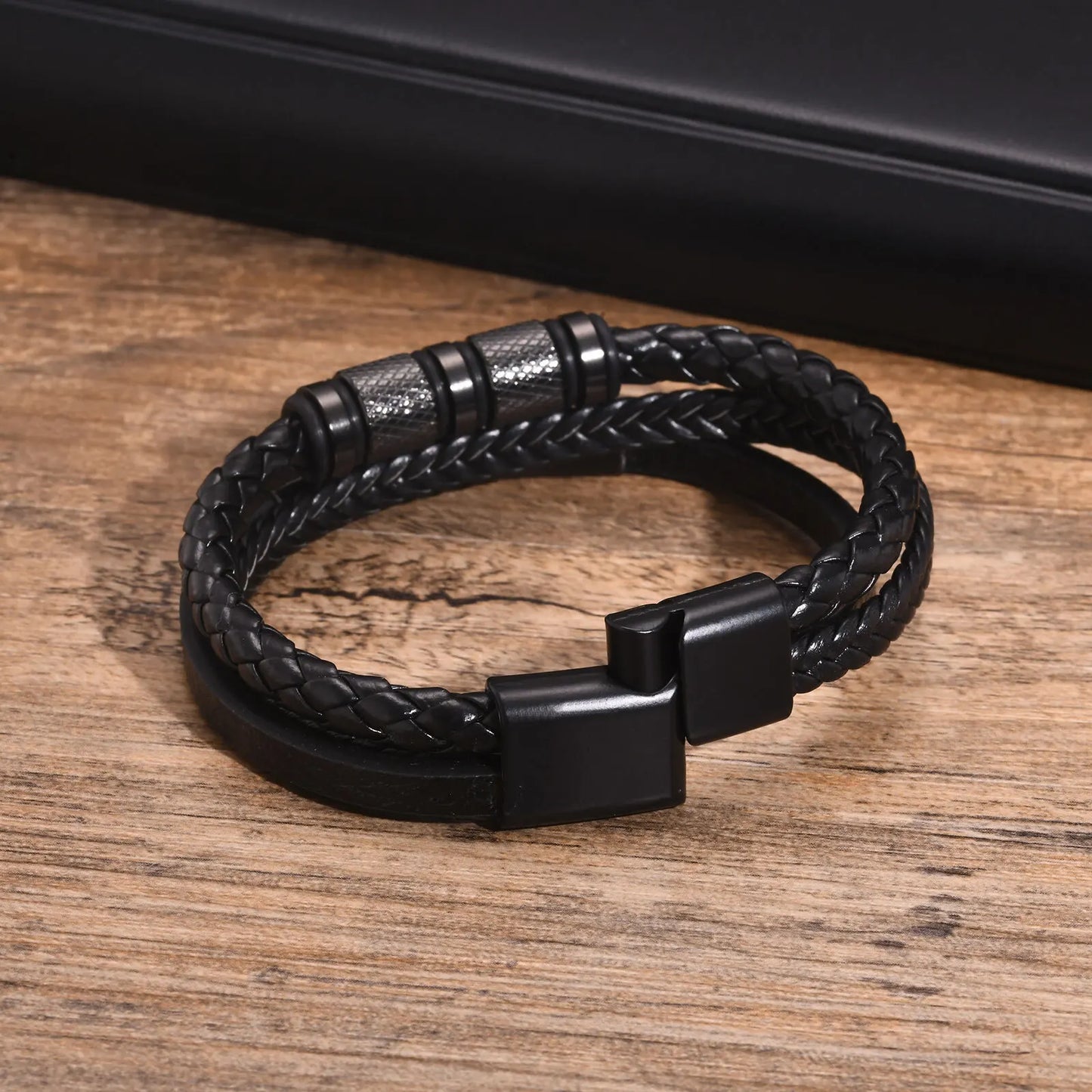 Vnox Personalized Braided Leather Bracelet for Men – Custom Name Engraved Triple Woven PU Leather Wristband | Handmade Gift Jewelry