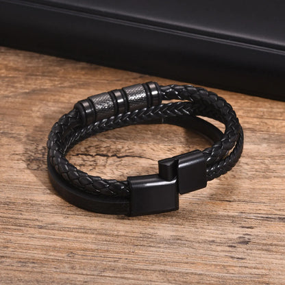 Vnox Personalized Braided Leather Bracelet for Men – Custom Name Engraved Triple Woven PU Leather Wristband | Handmade Gift Jewelry