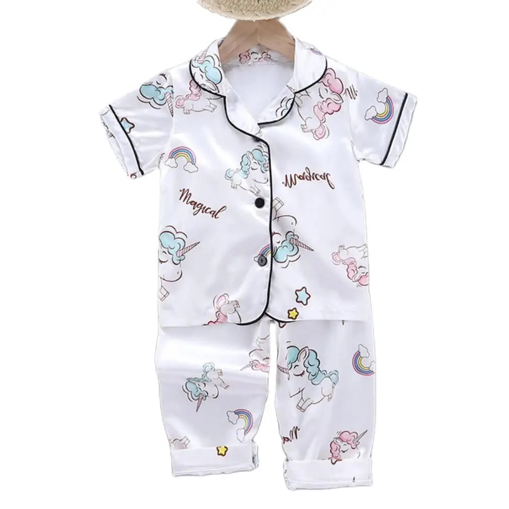 Conjunto de Pijama de Verano para Niñas – Conjunto de Pijama de Satén de Unicornio de Dibujos Animados de 2 Piezas | Ropa de Dormir Suave para Niños Pequeños con Aire Acondicionado