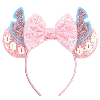 Diadema de orejas de Mickey Mouse de Lilo & Stitch – Lazo de lentejuelas de 5" Accesorio para el cabello de dibujos animados para mujeres y niñas | Diadema para fiestas y festivales