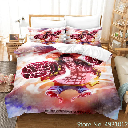 One Piece Luffy 3-Piece Bedding Set – 3D Cartoon Anime Duvet Cover & Pillowcase Set for Kids, Boys, Teens & Adults