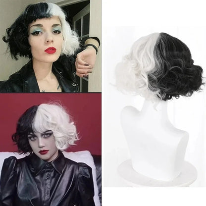 Cruella De Vil Halloween Cosplay Wig – Half Black Half White Short Curly Wig (Danganronpa Style)