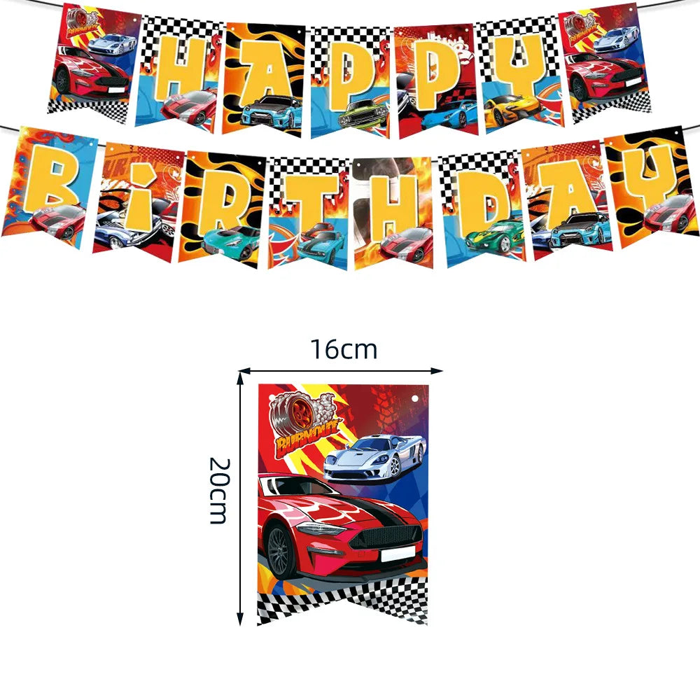 Happy Wheels Racing Party Tableware Set – Racing-Themed Paper Cups, Plates & Banner Decorations with Party Favors for Boys' Birthdays
