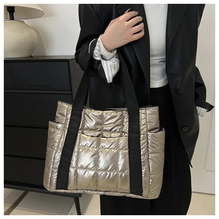 Sac à bandoulière matelassé pour femmes – Grand sac fourre-tout en nylon pour l'hiver 2025, motif en coton chaud, sac à main de voyage décontracté et tendance