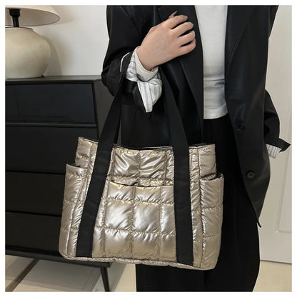 Sac à bandoulière matelassé pour femmes – Grand sac fourre-tout en nylon pour l'hiver 2025, motif en coton chaud, sac à main de voyage décontracté et tendance