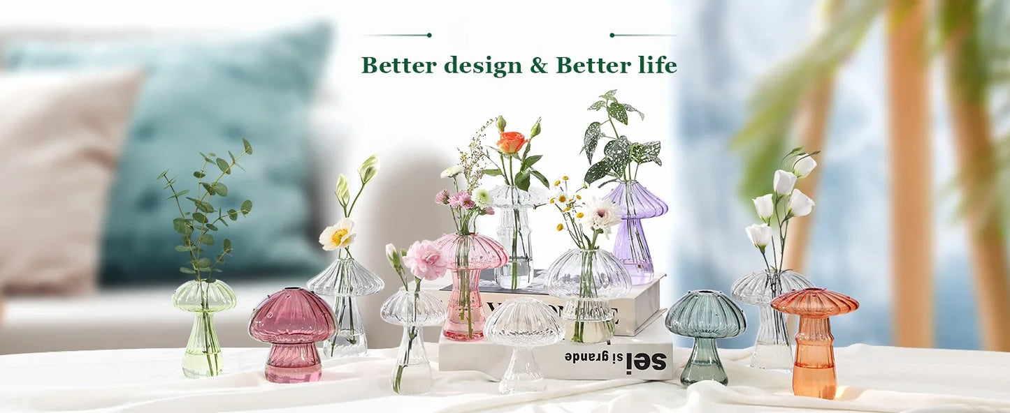 Mini Mushroom Glass Vase Set – Propagation Terrarium for Plants, Flowers & Home Office Décor