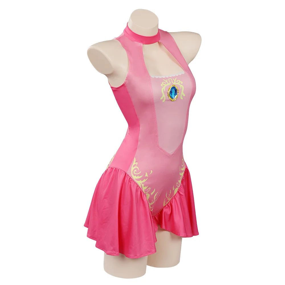 Princess Peach Cosplay Costume – Pink Fantasy Dress Set with Crown (Adult Women Halloween/Carnival Party Outfit, Includes Swimsuit Style Disguise)