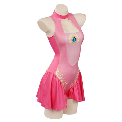 Princess Peach Cosplay Costume – Pink Fantasy Dress Set with Crown (Adult Women Halloween/Carnival Party Outfit, Includes Swimsuit Style Disguise)