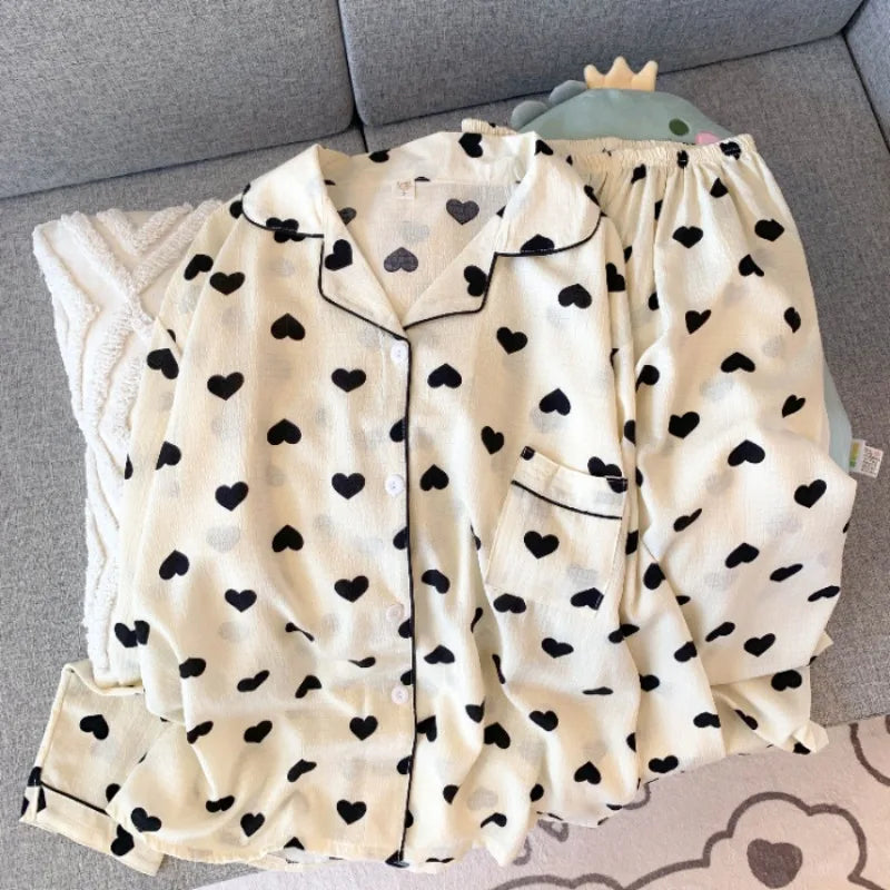 Pijama de 2 piezas a cuadros con bordado de perro para mujer - Estilo coreano, suave, de manga larga, ropa de dormir y de estar para otoño