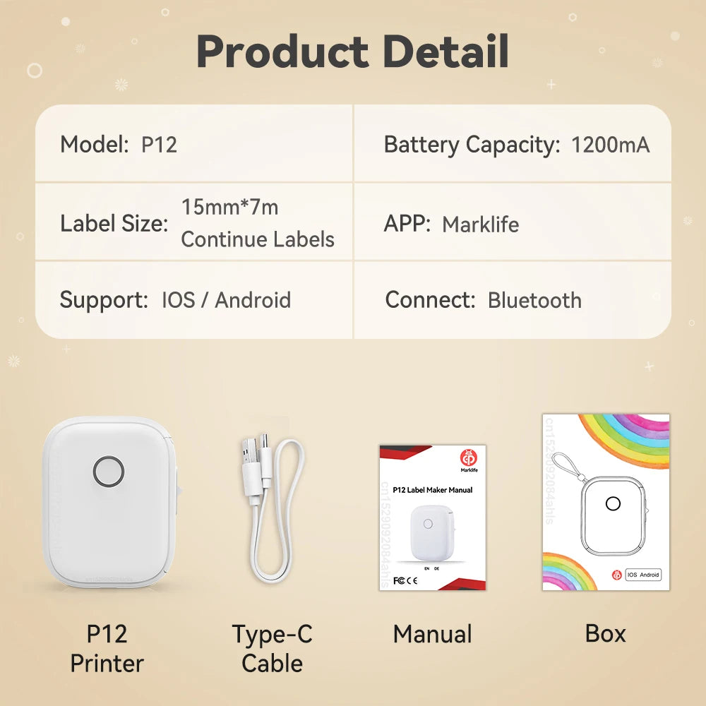 Mini impresora térmica Marklife P12 – Máquina etiquetadora portátil, impresora de pegatinas adhesivas con cinta de etiquetas continua, dispositivo de etiquetado de bolsillo Bluetooth para el hogar, la oficina y la organización