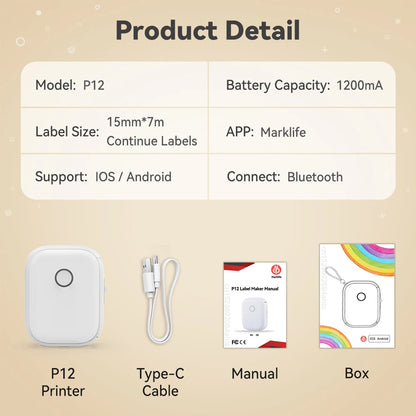 Mini impresora térmica Marklife P12 – Máquina etiquetadora portátil, impresora de pegatinas adhesivas con cinta de etiquetas continua, dispositivo de etiquetado de bolsillo Bluetooth para el hogar, la oficina y la organización