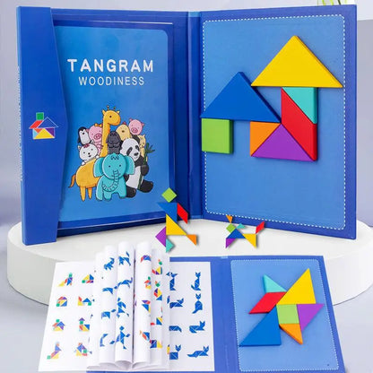 Libro magnético de tangram de madera – Juguete educativo Montessori, rompecabezas portátil para niños, infantes y desarrollo de inteligencia temprana