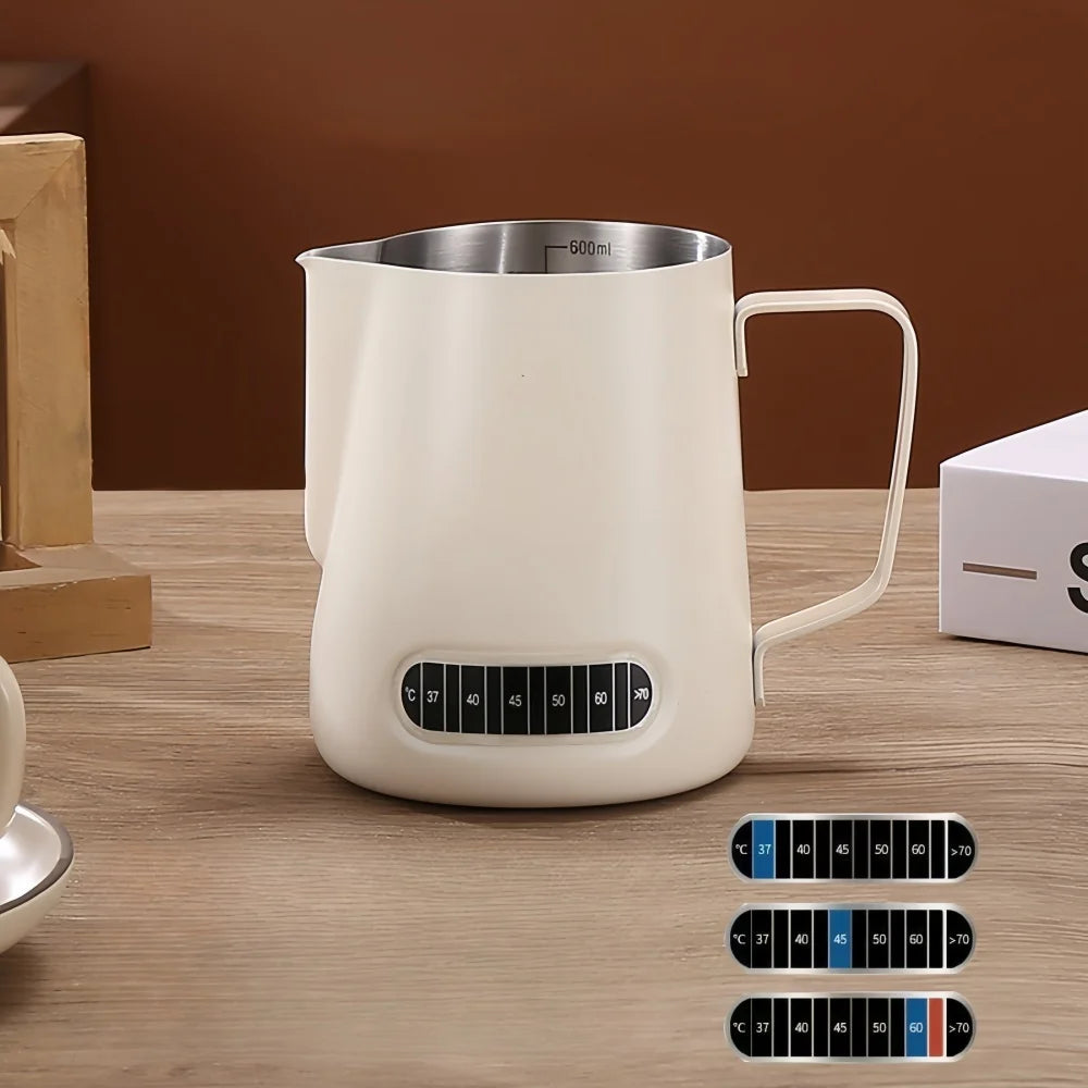 Jarra para espumar leche de café con indicador de temperatura - Jarra espumadora de leche de acero inoxidable con escala de medición para Latte Art y Espresso