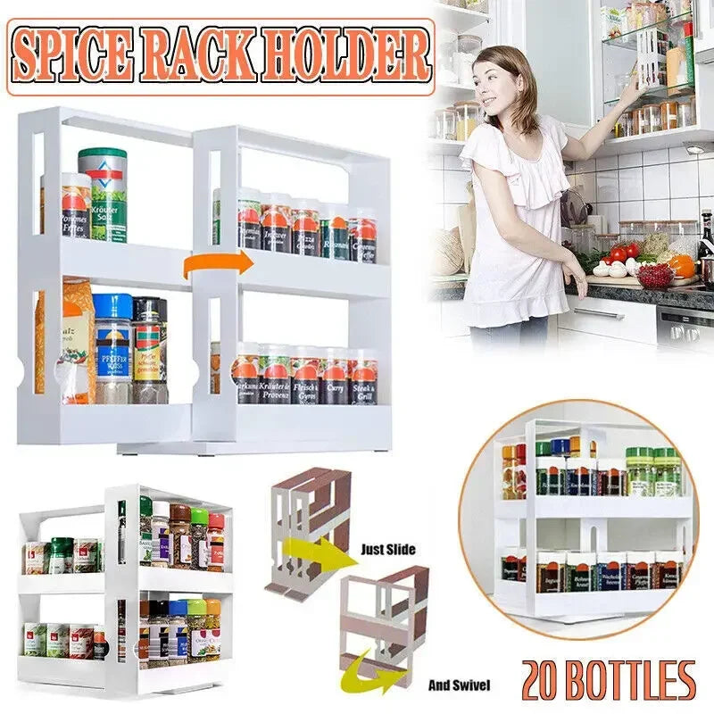 2-Tier Rotating Spice Organizer Rack – Multi-Function Sliding Kitchen Storage Shelf for Cabinets, Cupboards & Countertops