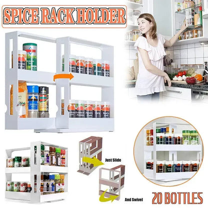 2-Tier Rotating Spice Organizer Rack – Multi-Function Sliding Kitchen Storage Shelf for Cabinets, Cupboards & Countertops