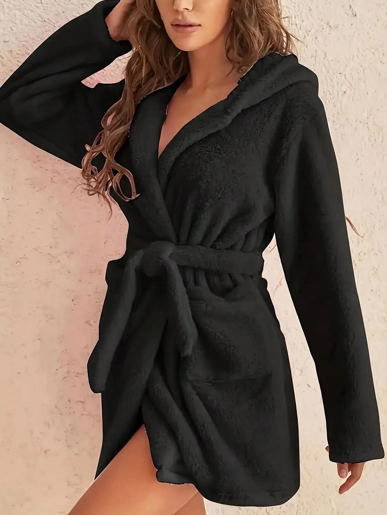 Women’s Hooded Fleece Robe – Solid Color Cozy Warm Bathrobe with Belt for Autumn & Winter Home Wear