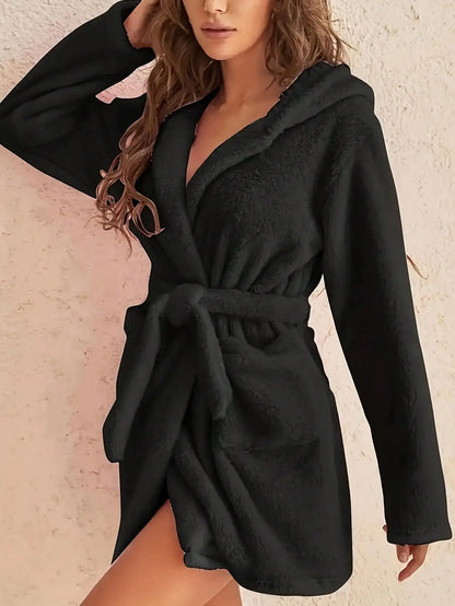 Women’s Hooded Fleece Robe – Solid Color Cozy Warm Bathrobe with Belt for Autumn & Winter Home Wear