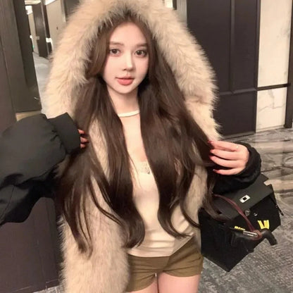 Women’s Double-Sided Faux Mink Fur Coat – Thick Plush Cotton-Padded Hooded Jacket, Loose-Fit Warm Outerwear for Autumn & Winter