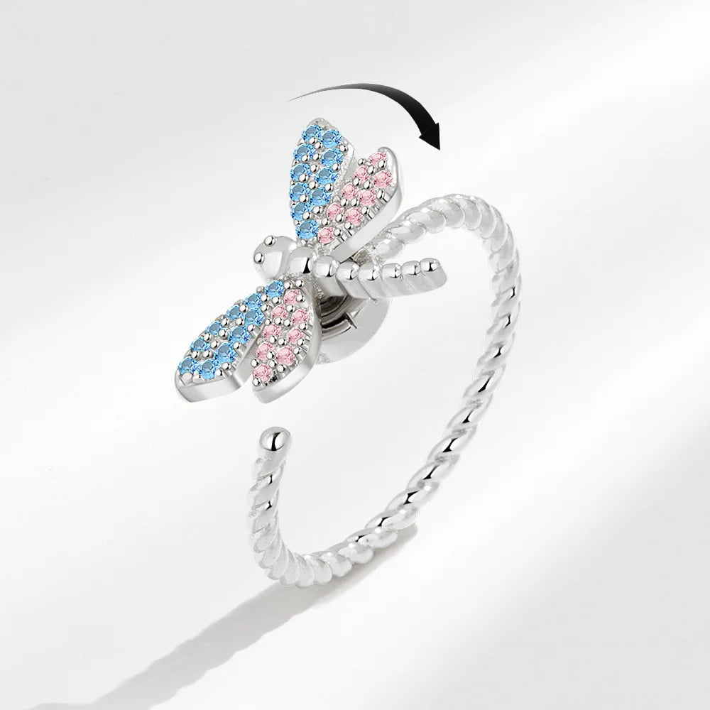 Anillo giratorio antiestrés de mariposa y flor con diamantes de imitación – Anillo giratorio antiansiedad para mujer | Joyería ajustable para aliviar el estrés