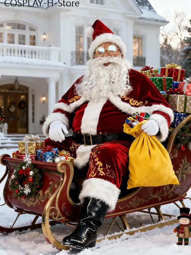 Men's Santa Claus Costume Set Gold Foil Print Christmas Outfit, Sizes M–6XL, Festive Holiday Cosplay Performance Suit for Christmas Parties and Halloween Dress-Up