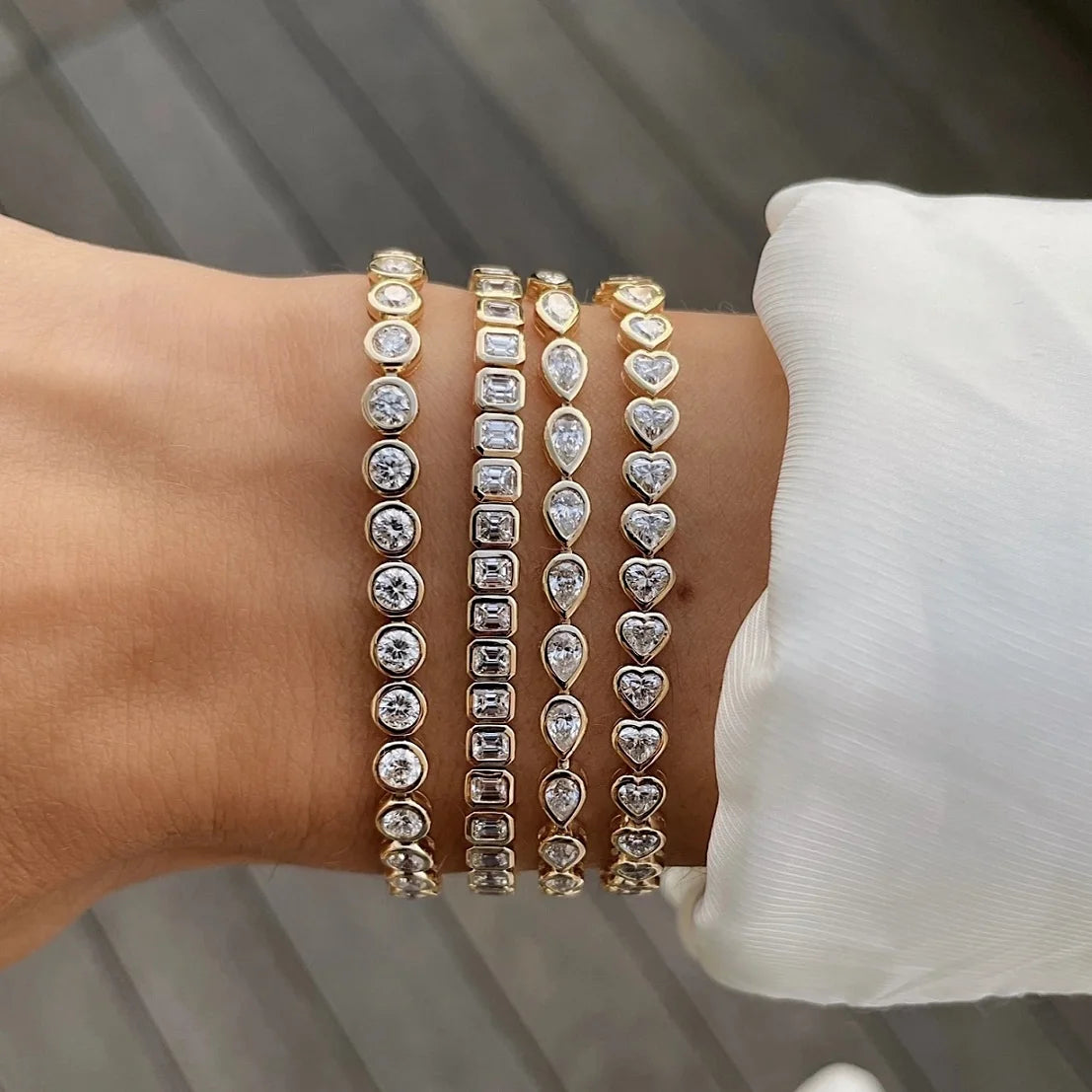 Pulsera de tenis 5A CZ – Pulsera geométrica de cristal de circonita cúbica con bisel para mujer | Joyería de moda clásica de lujo