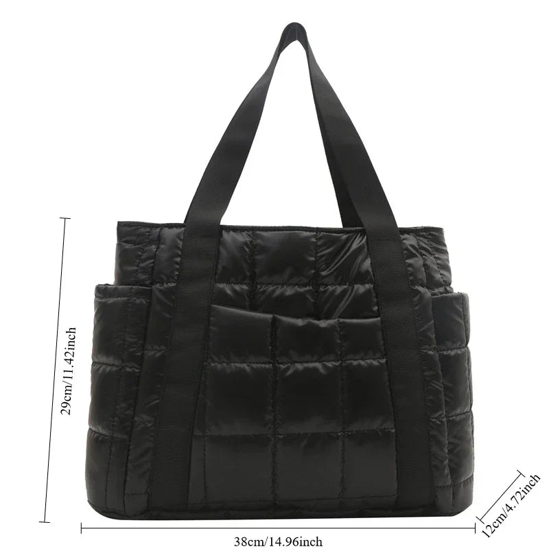 Sac à bandoulière matelassé pour femmes – Grand sac fourre-tout en nylon pour l'hiver 2025, motif en coton chaud, sac à main de voyage décontracté et tendance