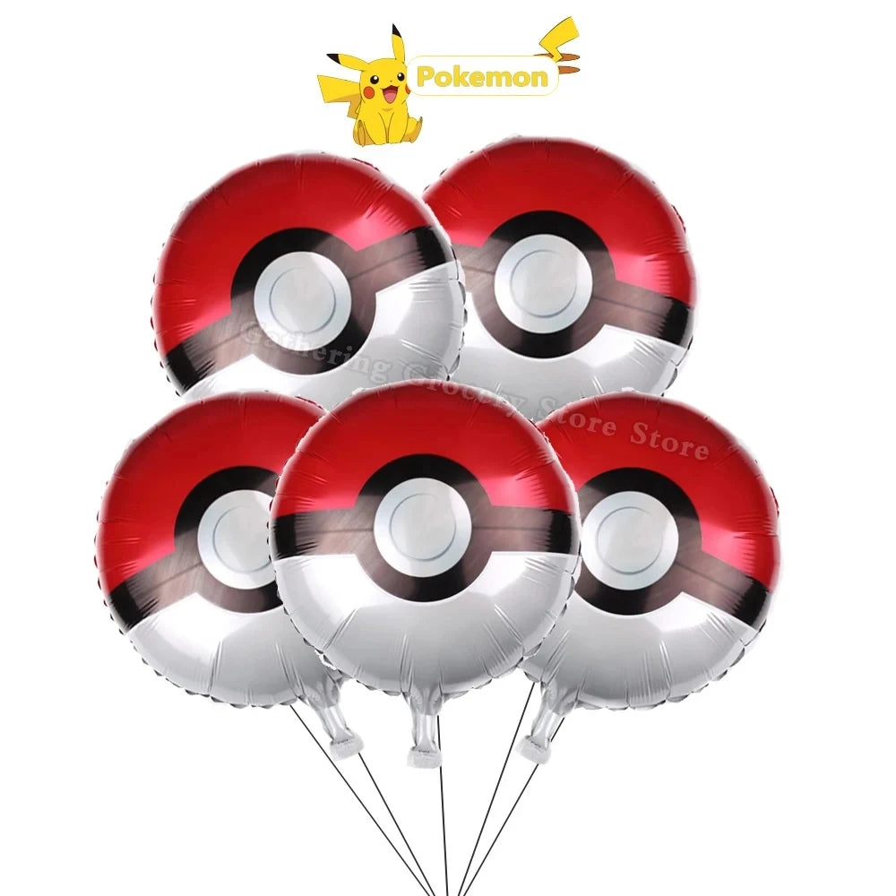 5pcs Pokémon Pokéball Aluminum Foil Balloons – Cute Helium Air Balloons for Boys & Girls Birthday Party & Baby Shower Decorations