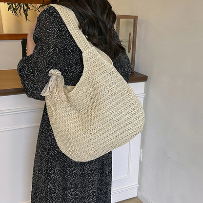 Sac à bandoulière en rotin tressé pour femmes – Grand sac cabas en paille tressée, sac de plage d'été pour femmes, sac de voyage décontracté pour les vacances, le shopping et un usage quotidien