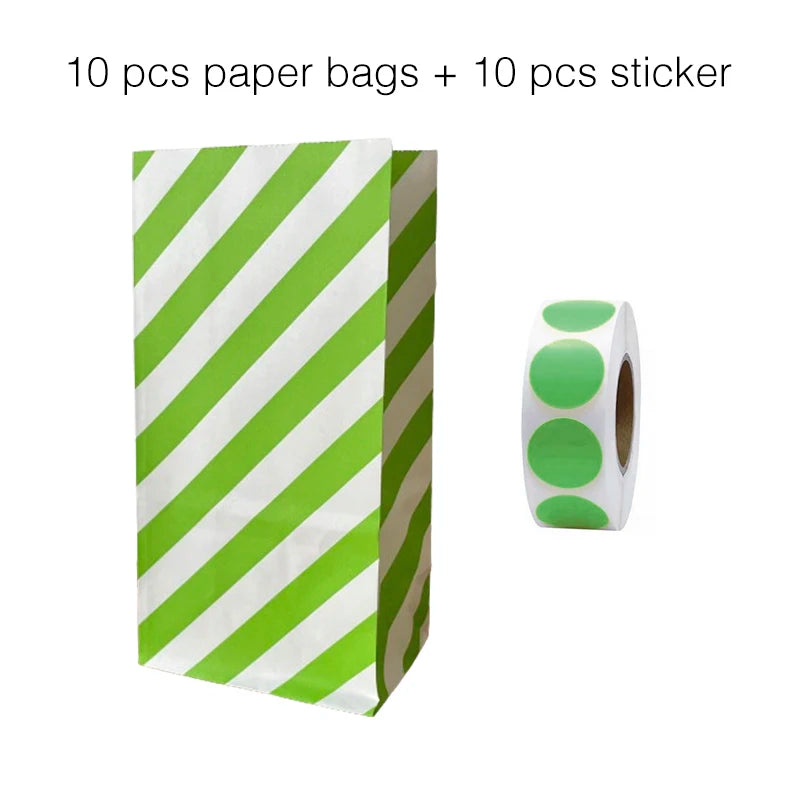 10PCS Stand-Up Colorful Gift Bags with Stickers – Solid, Striped & Polka Dot Treat Bags for Wedding, Birthday & Party Favors (18×9×6cm)