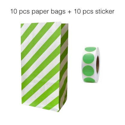 10PCS Stand-Up Colorful Gift Bags with Stickers – Solid, Striped & Polka Dot Treat Bags for Wedding, Birthday & Party Favors (18×9×6cm)