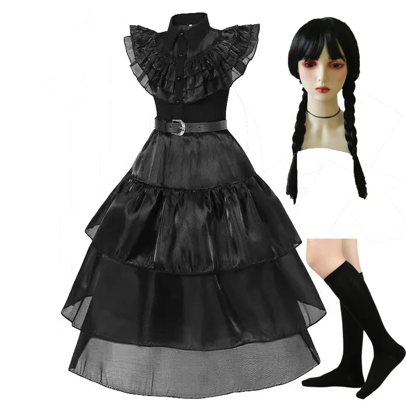 Girls Halloween Cosplay Costume – Black Gothic Fancy Dress Up Outfit (Kids Carnival Costume)