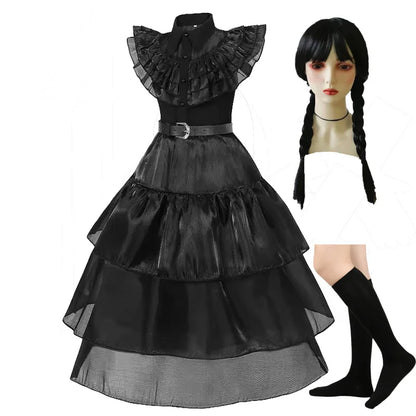 Girls Halloween Cosplay Costume – Black Gothic Fancy Dress Up Outfit (Kids Carnival Costume)