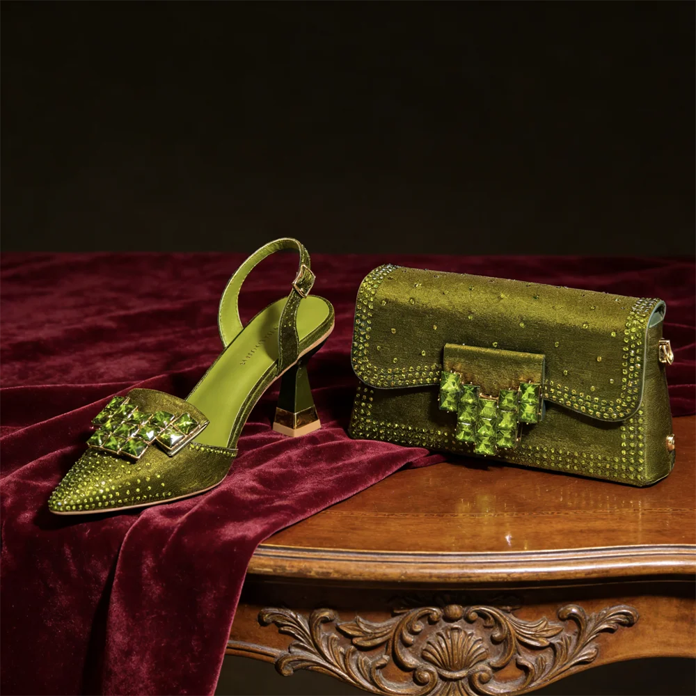 Women’s Olive Green Rhinestone Heels & Matching Bag Set – Italian-Inspired Pointed Toe High Heels for Parties, Weddings & Special Occasions