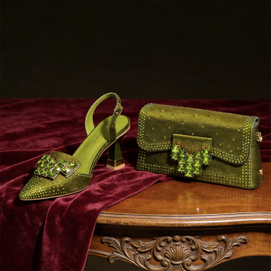 Women’s Olive Green Rhinestone Heels & Matching Bag Set – Italian-Inspired Pointed Toe High Heels for Parties, Weddings & Special Occasions