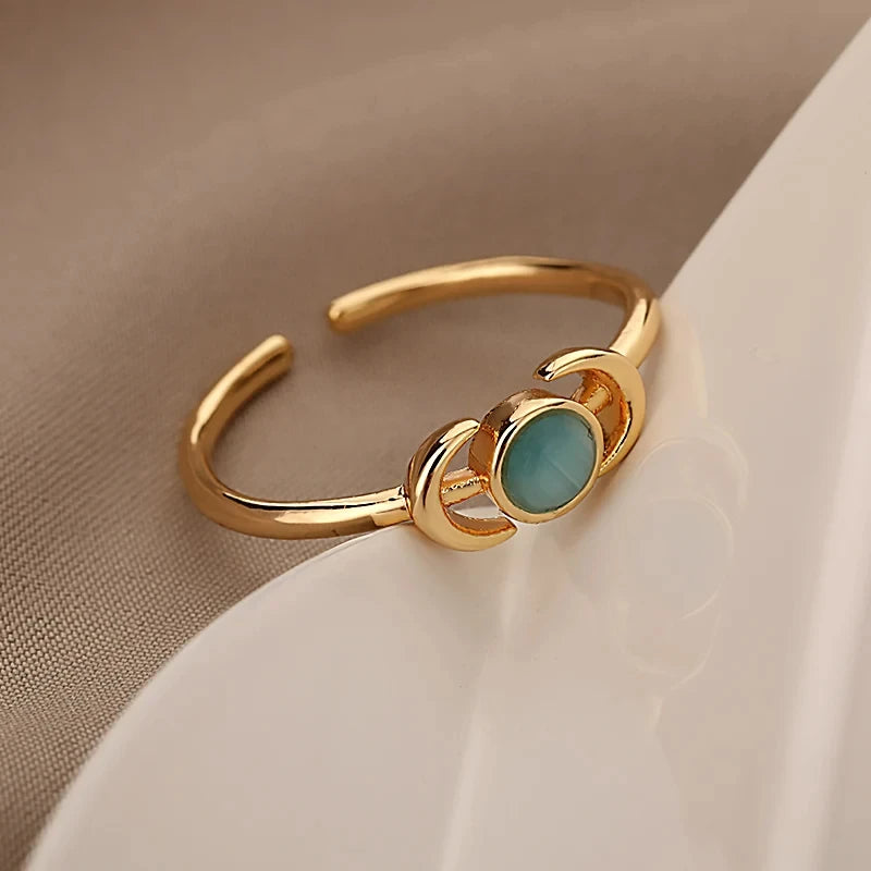 Gold Stainless Steel Lotus Flower Opal Ring – Vintage Oval Stone Statement Ring for Women | Elegant Fashion Jewelry Gift