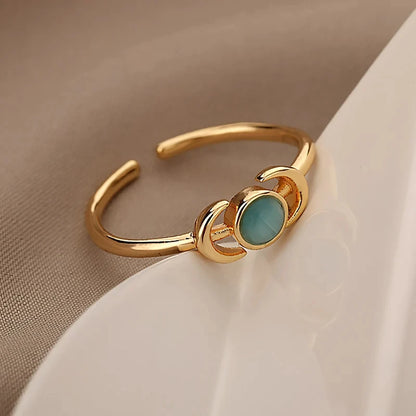 Gold Stainless Steel Lotus Flower Opal Ring – Vintage Oval Stone Statement Ring for Women | Elegant Fashion Jewelry Gift
