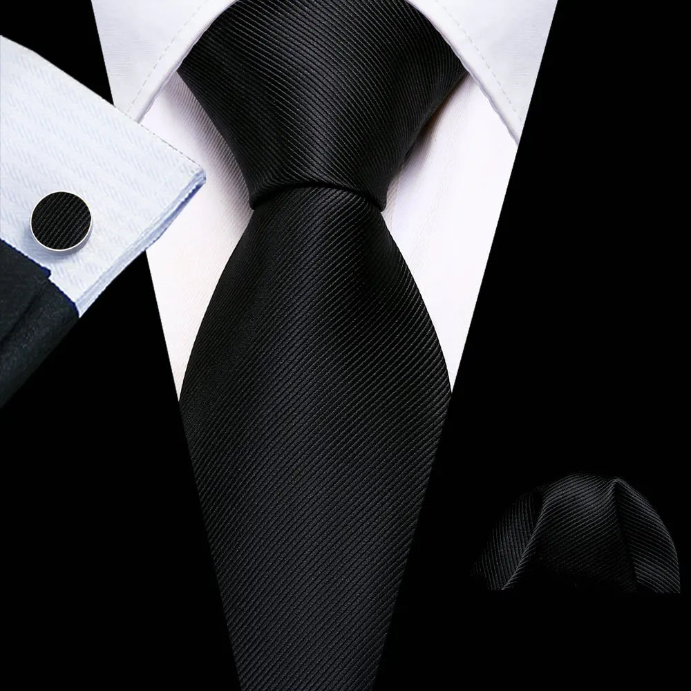 Set de corbata negra para hombre con pañuelo de bolsillo y gemelos. Corbata tejida para ocasiones formales de negocios o bodas.