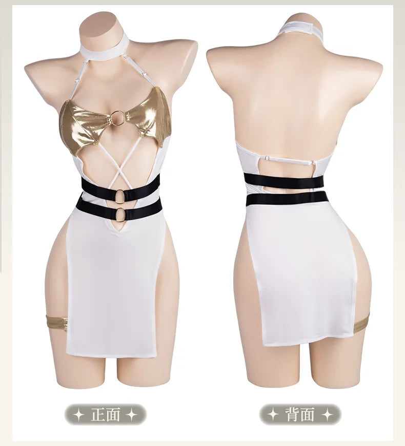 Woman Character Angel Role Play Costume – Japanese Anime Kimono Slit Elf Goddess Dress COS Uniform Set