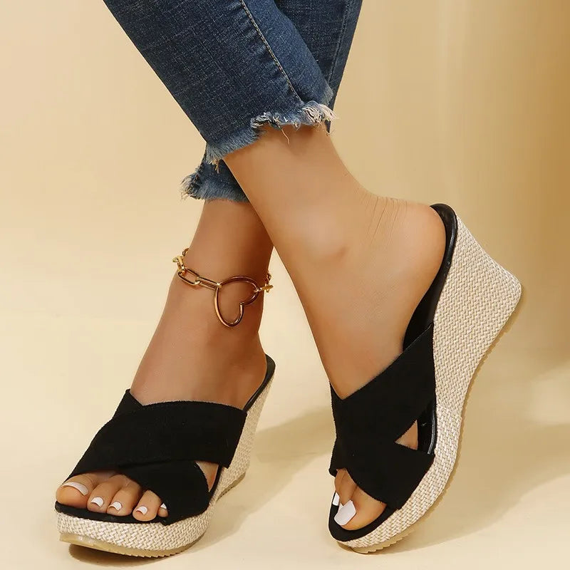 Women's Platform Wedge Sandals – Open Toe Straw Braided Casual Slippers, Comfortable Roman Beach Shoes (Sizes 35–40)