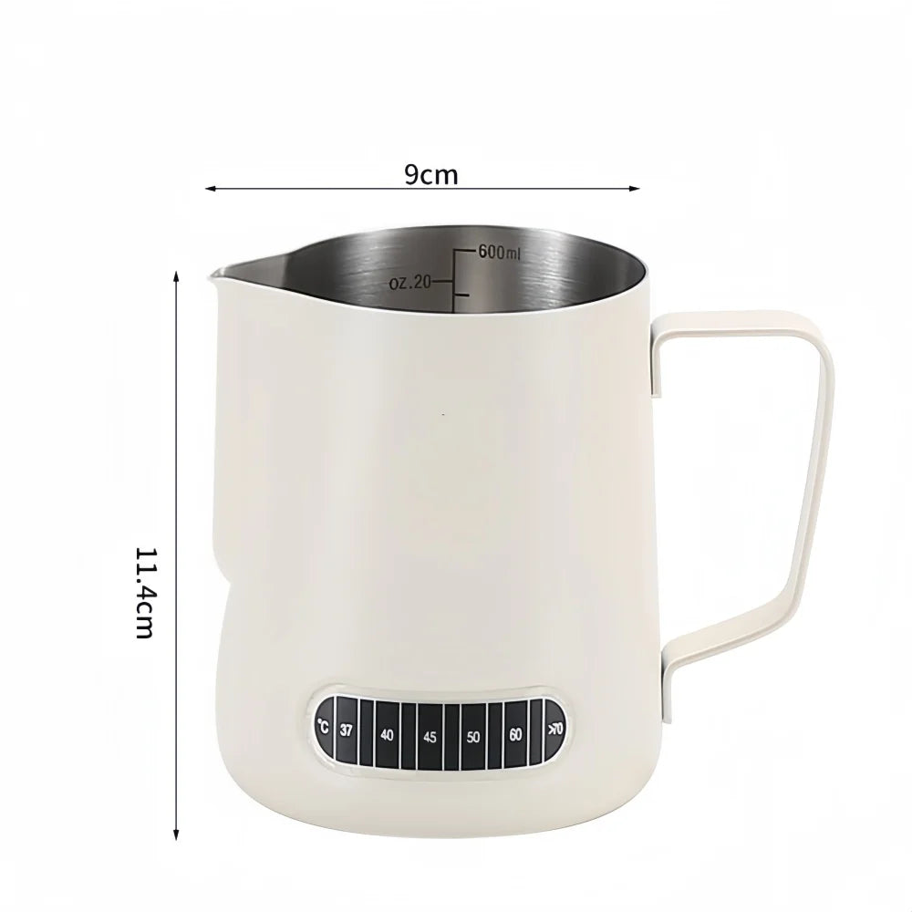Jarra para espumar leche de café con indicador de temperatura - Jarra espumadora de leche de acero inoxidable con escala de medición para Latte Art y Espresso