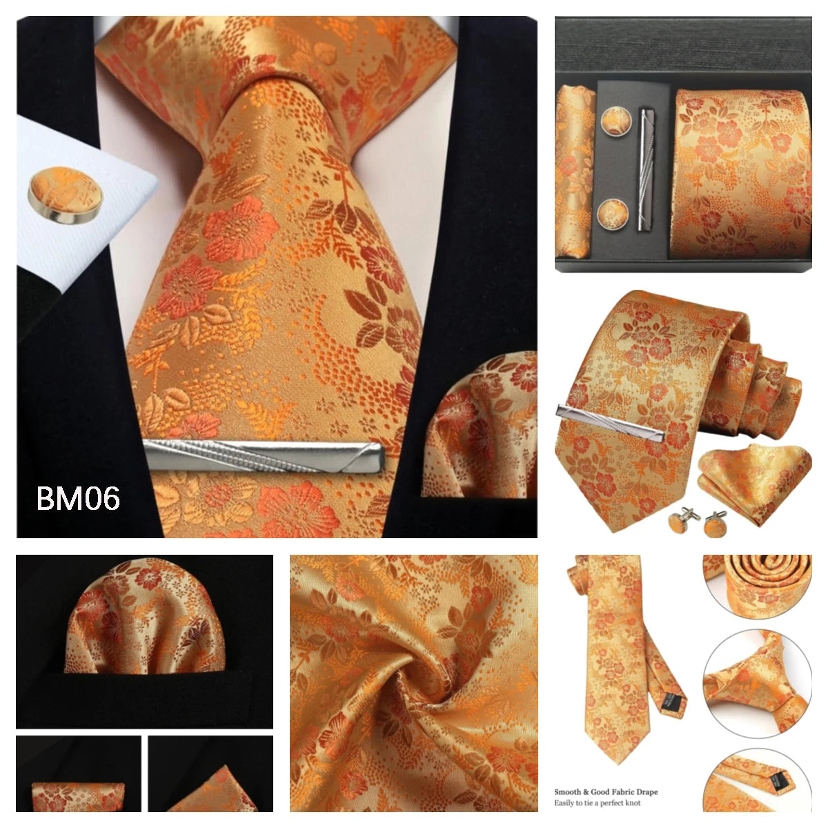 Corbata de seda 100% con diseño floral de Paisley para hombre con pañuelo de bolsillo, pasador de corbata y gemelos en caja de regalo