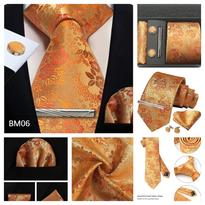 Corbata de seda 100% con diseño floral de Paisley para hombre con pañuelo de bolsillo, pasador de corbata y gemelos en caja de regalo