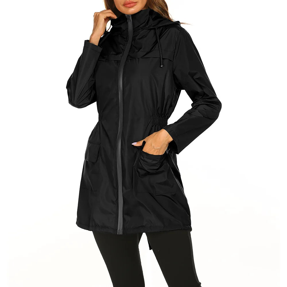 Women’s Lightweight Waterproof Raincoat – Long Hooded Windbreaker Jacket for Hiking, Climbing, Outdoor Activities & Rainy Weather